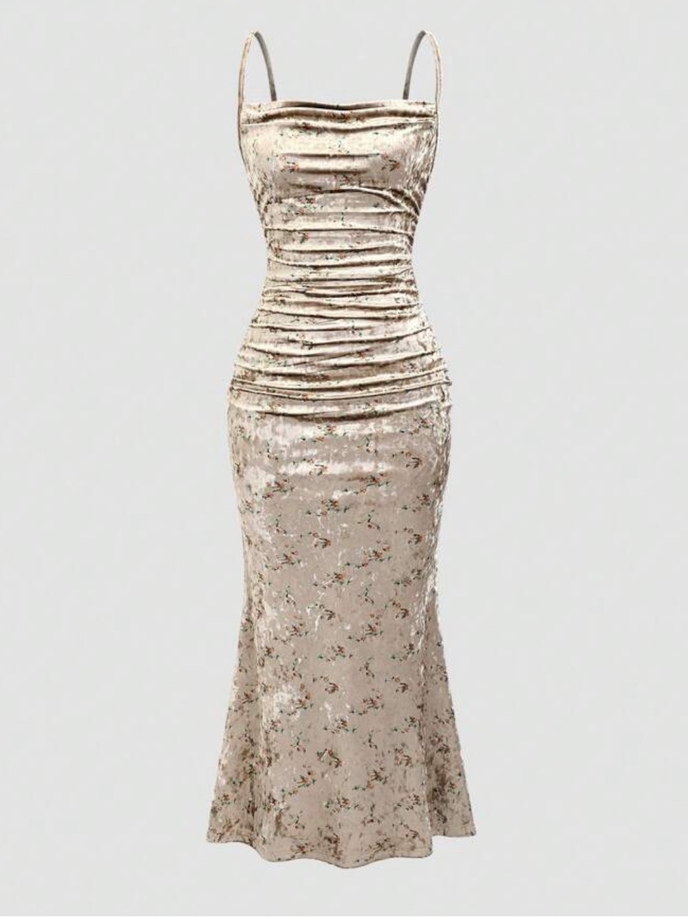 Shein | Sleeveless Cowl Neck Velvet Maxi Dress Champagne Floral Holiday Gown